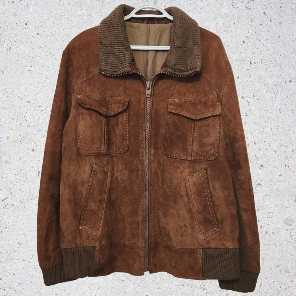 Vintage Aviator Bomber Jacket Zip Up Brown 100% Soft Lamb Suede Leather Medium